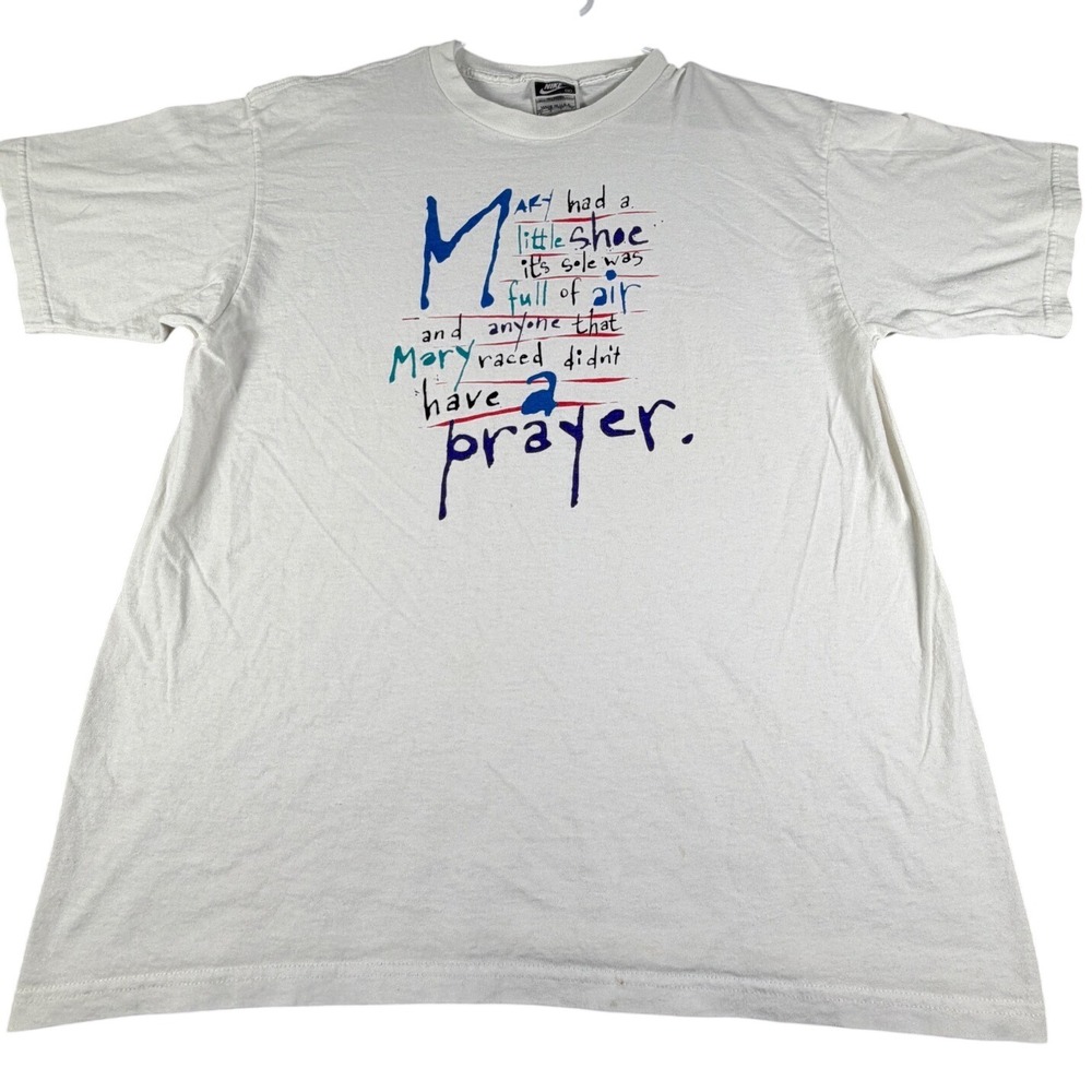 Vintage Nike Air Mary Had a Little Shoe T-Shirt Kicks Butt White Mens Medium 90s